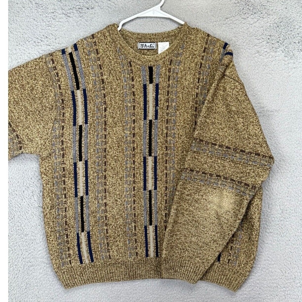 VTG D Avila Sweater Adult 2XLT Tall Tan Stripe Wool Blend Cosby Dad Crewneck Men